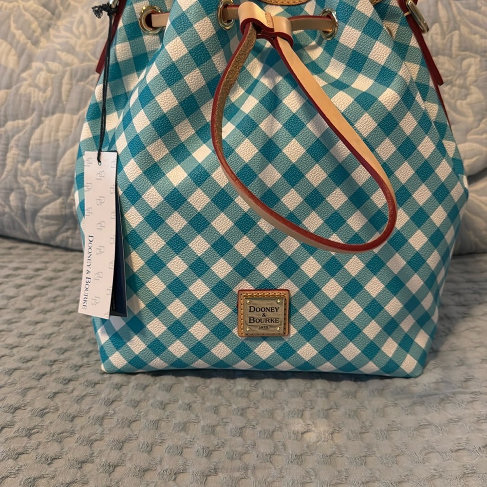 Dooney & Bourke Aqua and White Checkered Drawstring Shoulder Bag